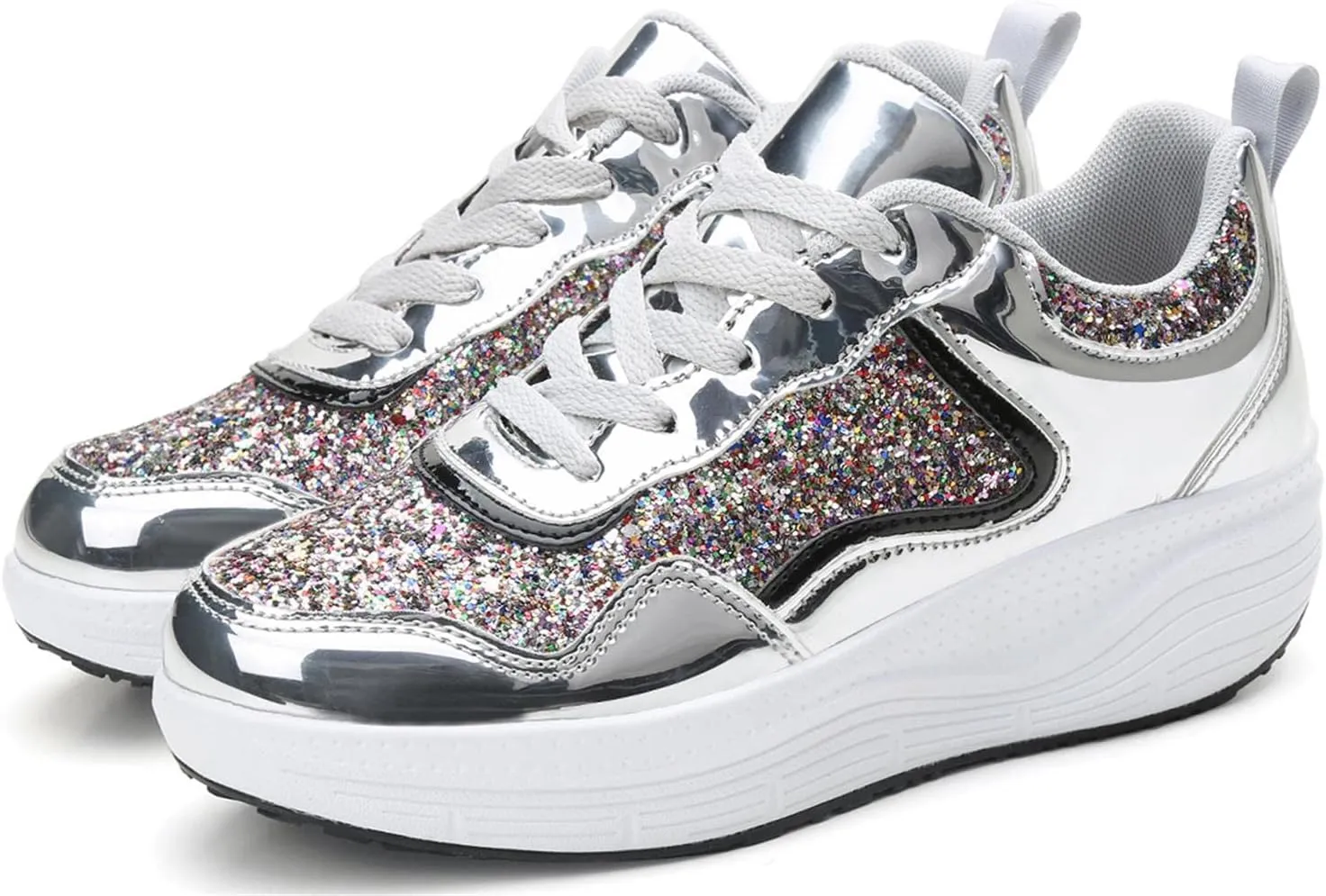 Women's Lace Up Inner Heightening Wedge Walking Shoe Sequins Fashion Sneakers Lightweight Non Slip Workout Shoes