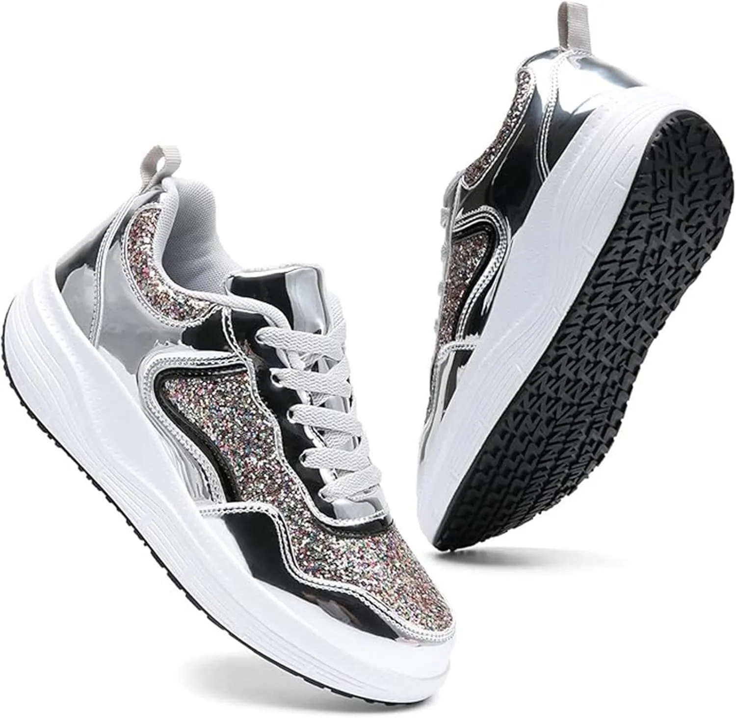 Women's Lace Up Inner Heightening Wedge Walking Shoe Sequins Fashion Sneakers Lightweight Non Slip Workout Shoes