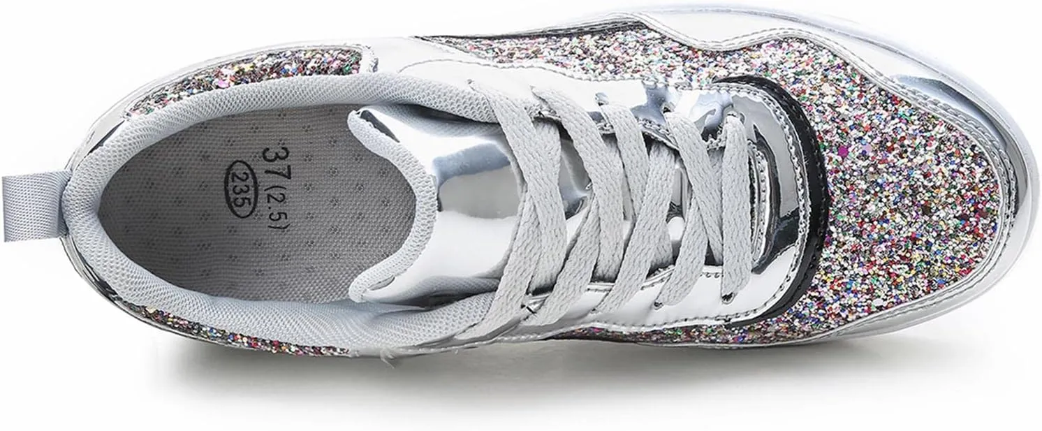 Women's Lace Up Inner Heightening Wedge Walking Shoe Sequins Fashion Sneakers Lightweight Non Slip Workout Shoes