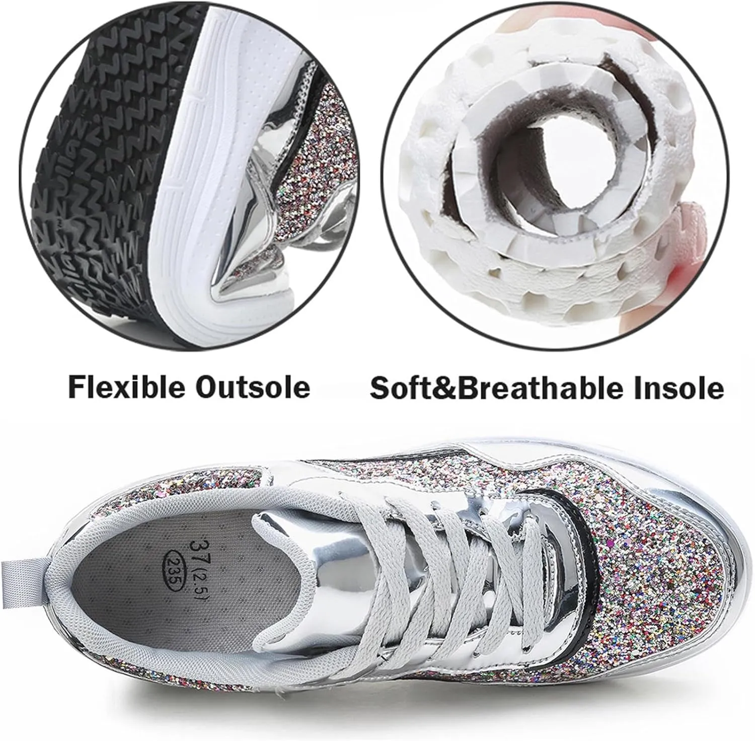 Women's Lace Up Inner Heightening Wedge Walking Shoe Sequins Fashion Sneakers Lightweight Non Slip Workout Shoes