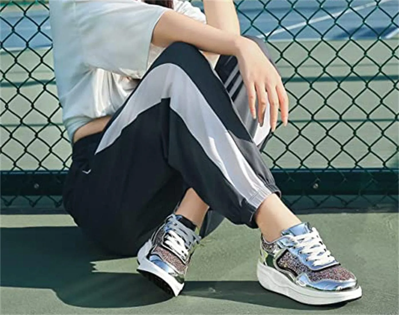 Women's Lace Up Inner Heightening Wedge Walking Shoe Sequins Fashion Sneakers Lightweight Non Slip Workout Shoes