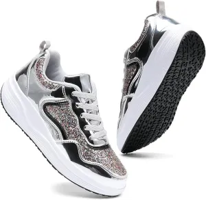Women's Lace Up Inner Heightening Wedge Walking Shoe Sequins Fashion Sneakers Lightweight Non Slip Workout Shoes