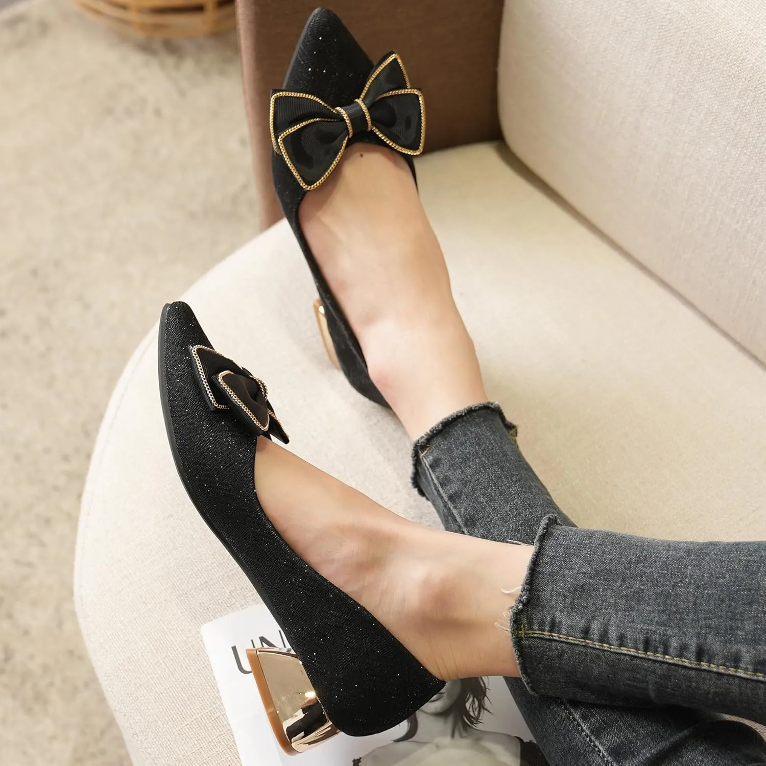 Women's Low Block Chunky Heels Dress Shoes Pointed Toe Closed Toe Work Pumps Slip on Comfort Dress Shoes for Women