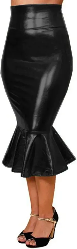 Women's Metallic Bodycon Mermaid Skirt High Waist Ruffled Midi Patent Leather Club Pencil Skirt