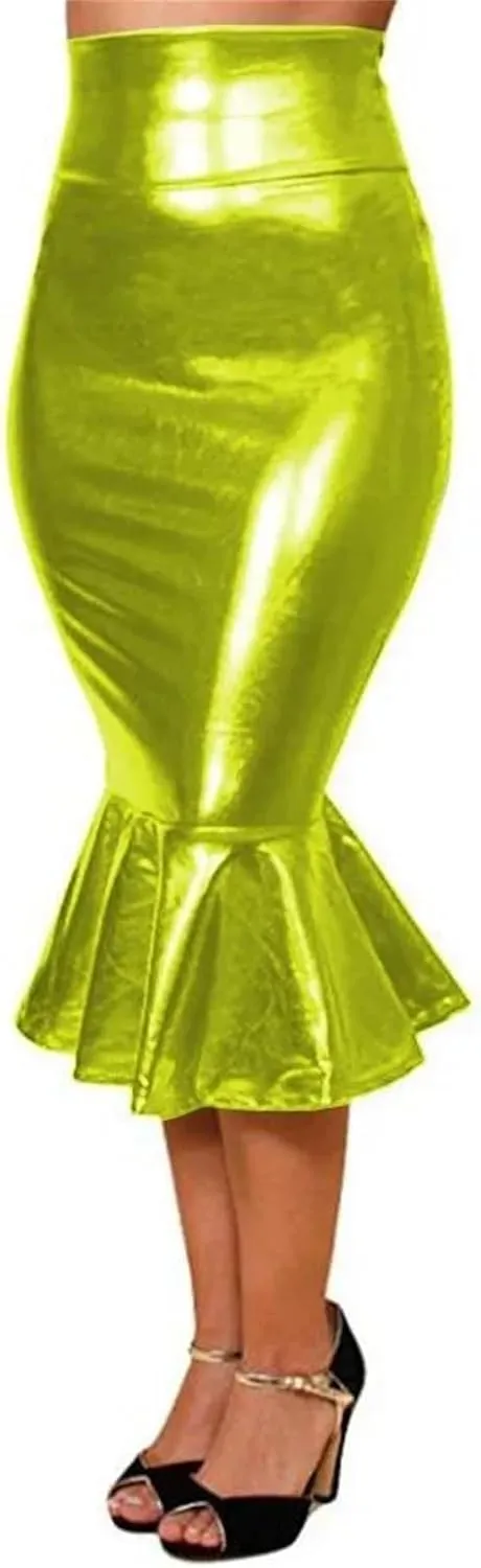Women's Metallic Bodycon Mermaid Skirt High Waist Ruffled Midi Patent Leather Club Pencil Skirt