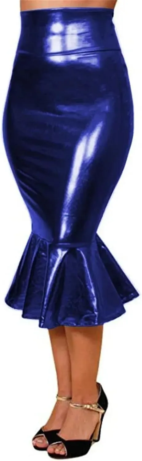 Women's Metallic Bodycon Mermaid Skirt High Waist Ruffled Midi Patent Leather Club Pencil Skirt