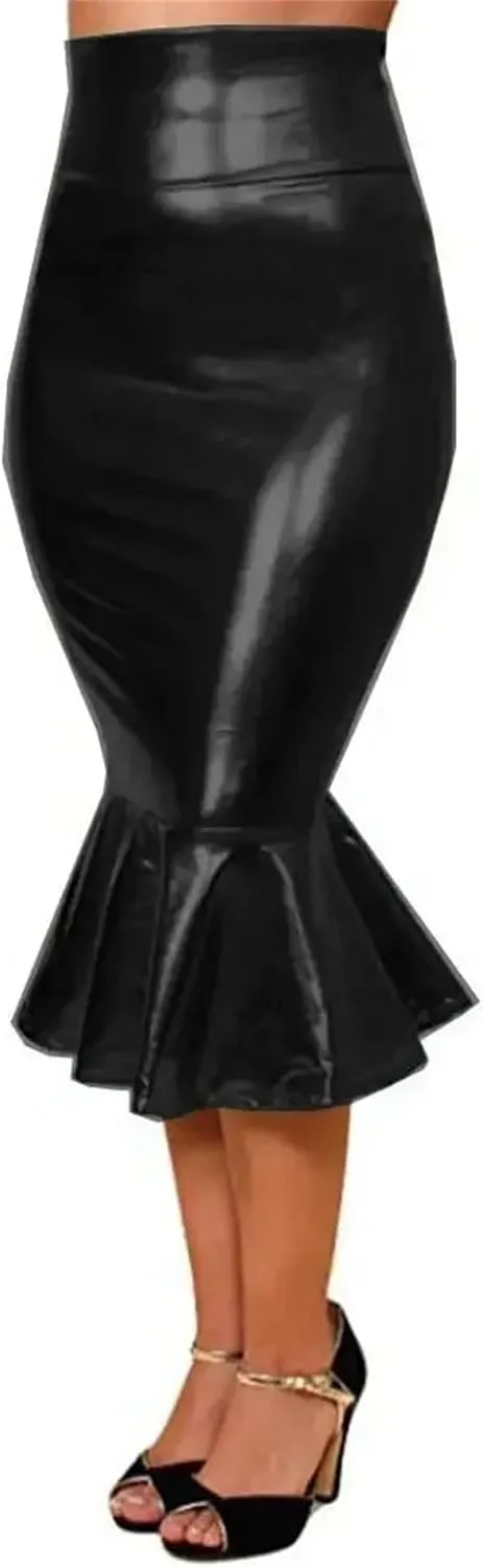 Women's Metallic Bodycon Mermaid Skirt High Waist Ruffled Midi Patent Leather Club Pencil Skirt