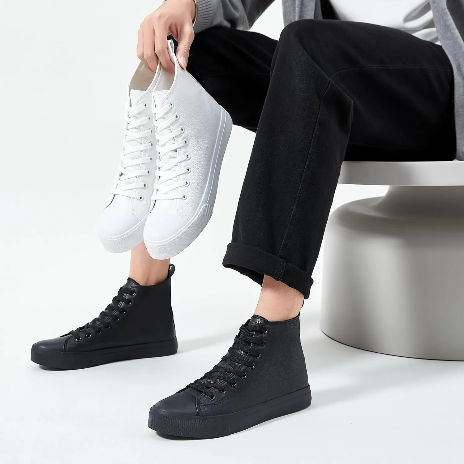 yageyan Mens Black high top Leather Sneakers for Men lace up Casual Comfortable Shoes